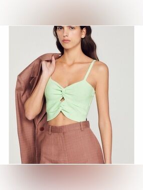 Sandro Light Green Rib Knit CutOut Crop Top S/1